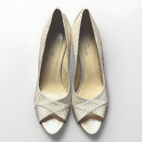 Kate‎ Spade Cream Snake Skin Peep Toe Heels Size 8.5 Made In Italy - Picture 1 of 8
